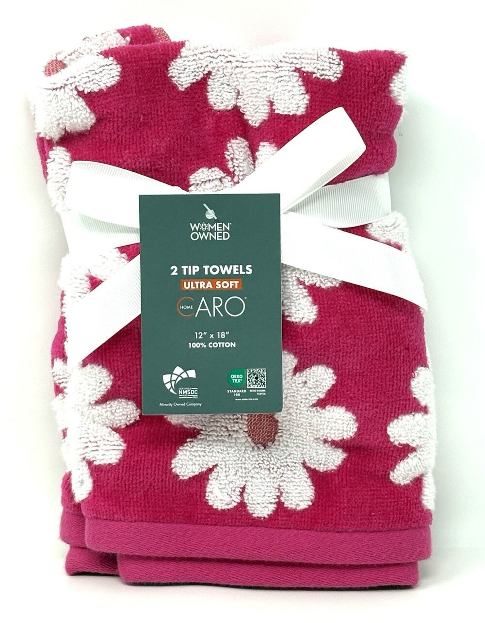 Caro Hot Pink Floral Fingertip Towels Daisies 2 Pcs Bright Pink White NWT Set